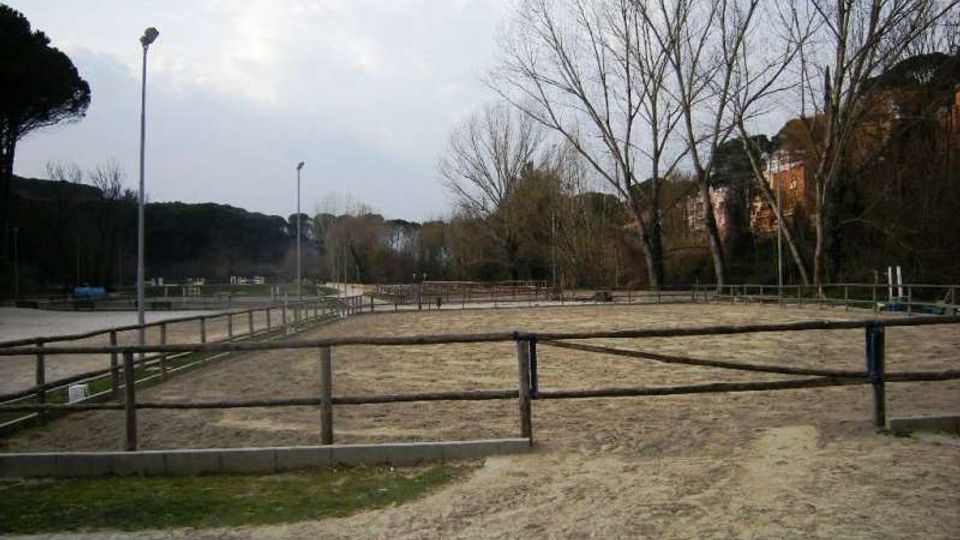 Ampio recinto all’aperto con terreno sabbioso delimitato da staccionate in legno e pali di illuminazione, simile a un’area per equitazione. Sullo sfondo si vedono alberi spogli, una fascia di vegetazione e alcuni edifici oltre il perimetro.