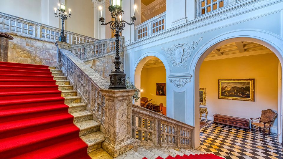 Interno di un edificio storico con ampia scalinata in marmo rivestita da tappeto rosso, balaustre in pietra e alti lampioni decorativi. Archi e pareti bianche con rilievi ornamentali si affacciano su un salone con pavimento a scacchi, quadri incorniciati e arredi classici.