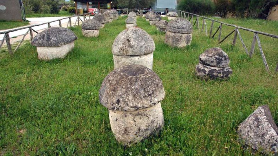 Area archeologica all’aperto con prato e una serie di blocchi in pietra a forma di cupola disposti in file, delimitata da staccionate in legno. Sullo sfondo si vedono un piccolo edificio e alberi che circondano il sito.