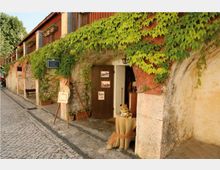 Facciata di un edificio in pietra lungo una strada acciottolata, con arcate e ingresso con porta in legno e insegna. La parete è ricoperta da edera verde e sono presenti vasi e un piccolo pannello espositivo vicino all’entrata.