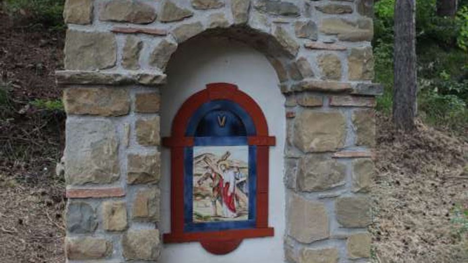 Piccolo tabernacolo votivo in pietra con tetto a spiovente e nicchia ad arco, contenente un’edicola dipinta incorniciata in rosso e blu. È situato su una scarpata in un’area boschiva con pini e sottobosco.