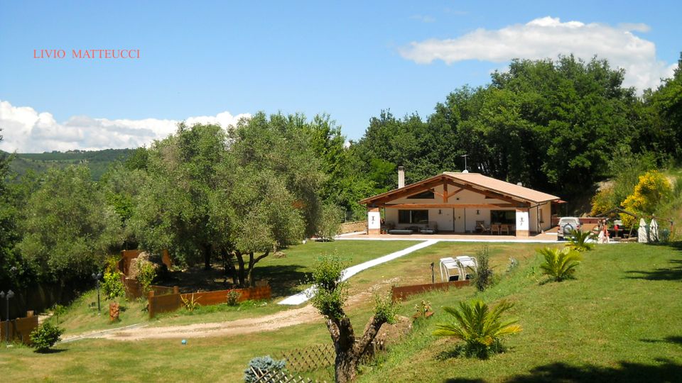 Casa di campagna a un piano con tetto in legno e ampia veranda, situata su un prato in pendenza e collegata da un vialetto chiaro. Intorno ci sono alberi e vegetazione, con colline boscose sullo sfondo sotto un cielo azzurro.