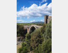 Ponte in pietra ad arco su una gola boscosa, con un fiume sul fondo. A destra si vede una torre in muratura tipo fortificazione, con colline e campi sullo sfondo sotto un cielo azzurro con grandi nuvole.