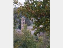 Vista di una chiesa in pietra con campanile a bifore, parzialmente nascosta da rami e foglie di alberi in primo piano. L’edificio sorge in una zona collinare e boscosa con vegetazione fitta attorno.