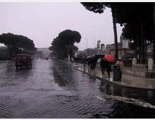 Ampio viale urbano in una giornata piovosa, con strada in pavé bagnata e riflessi sull’asfalto. Ai lati si vedono marciapiedi con alberi ad alto fusto, lampioni e alcuni edifici sullo sfondo.