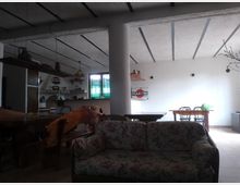 Interno di un ambiente open space con soffitto a pannelli bianchi e travi a vista, separato da una colonna centrale. In primo piano c’è un divano a motivi floreali e sullo sfondo una zona bar con mensole e lampade a sospensione, oltre a un tavolo con sedie vicino a una parete bianca con insegna “Martini”.