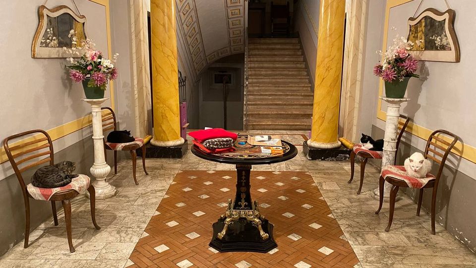 Ingresso interno in stile classico con pavimento in marmo e riquadri in cotto, tavolino rotondo centrale e due colonne ocra che incorniciano una scala in fondo. Lungo le pareti grigie con cornici gialle ci sono sedie, specchi e alti vasi con composizioni floreali, sotto un soffitto ad arco decorato e lampadario.