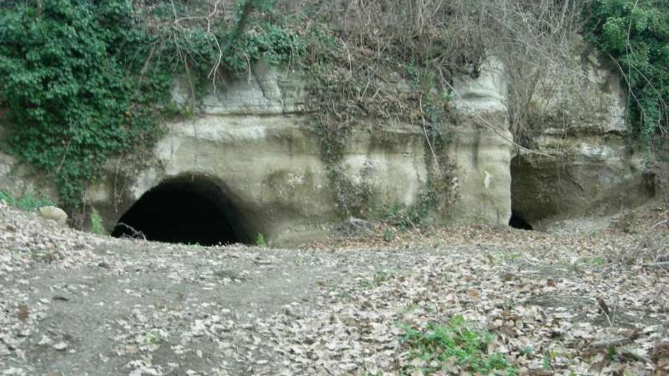 Ingresso di una grotta o tunnel scavato in una parete rocciosa, in un’area boschiva con edera e arbusti sul pendio. In primo piano c’è un sentiero sterrato coperto di foglie secche, con una seconda apertura più piccola sulla destra.