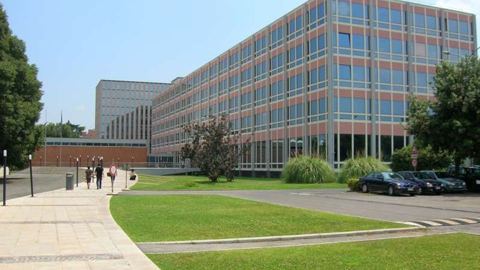 Edificio per uffici moderno a più piani con facciata a griglia di finestre e pannelli colorati, affacciato su un’area verde curata. In primo piano si vedono un marciapiede ampio, alberi e un parcheggio con alcune auto.