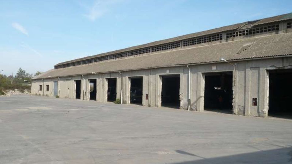 Lungo capannone industriale in cemento con tetto a falda e una fila di ampie aperture tipo portoni, affacciato su un grande piazzale asfaltato. Sul tetto corre una fascia di finestre alte e strette, con cielo sereno sullo sfondo.