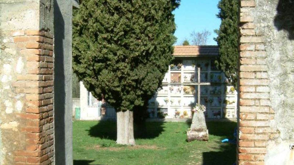 Ingresso di un piccolo cimitero tra pilastri in mattoni e cemento, con un vialetto su prato che conduce a un cipresso alto e a loculi sullo sfondo. Ai lati si vedono altri cipressi e un’aiuola di fiori rosa vicino al passaggio.