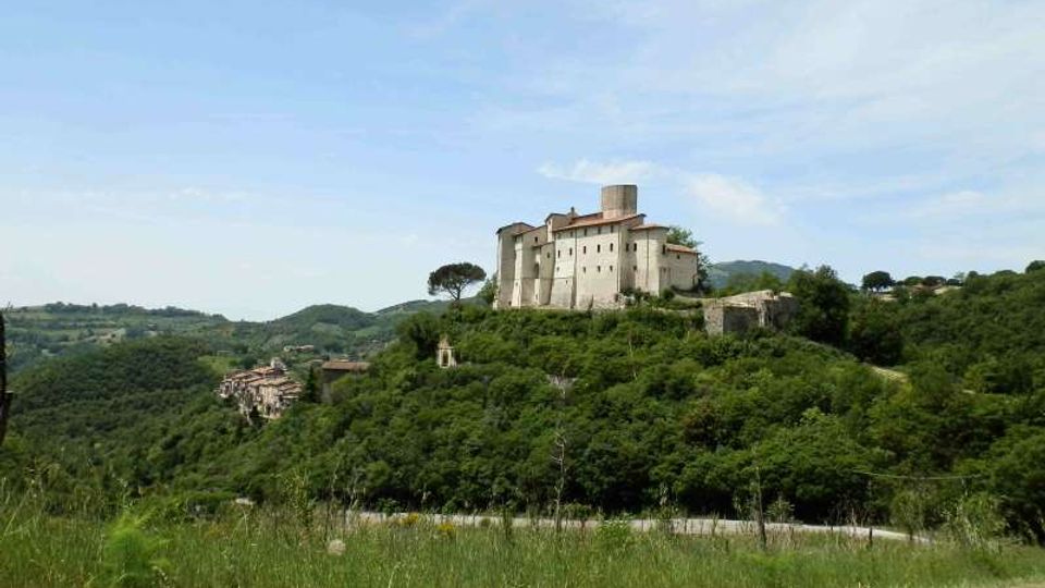 Castello in pietra su una collina boscosa, con torri e mura chiare, circondato da vegetazione e colline ondulate. In primo piano si vede un prato e una strada, sotto un cielo azzurro con leggere nuvole.