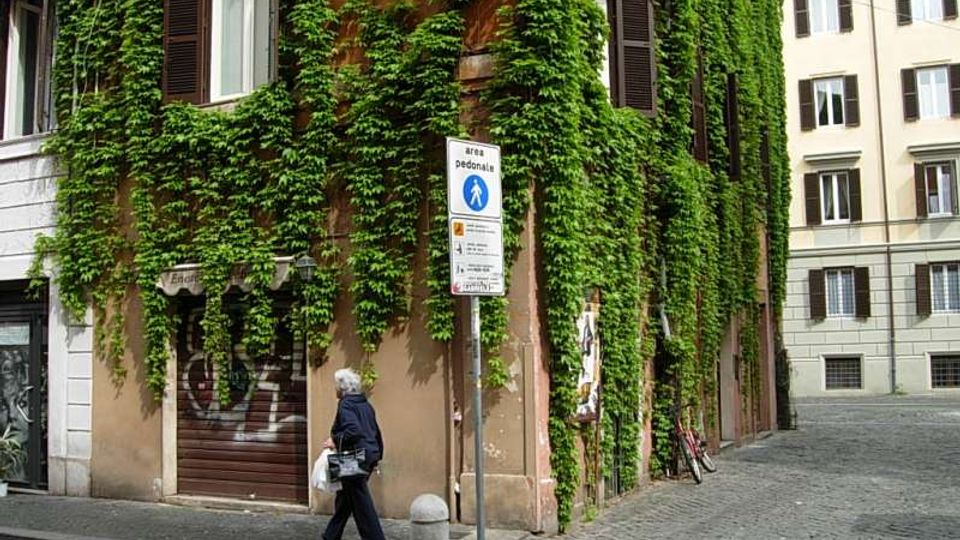 Angolo di strada con edificio in muratura coperto da edera rampicante, con finestre a persiane e un portone al piano terra. In primo piano si vede un cartello di “area pedonale”, pavimentazione in sampietrini e biciclette appoggiate al muro sul lato della via.