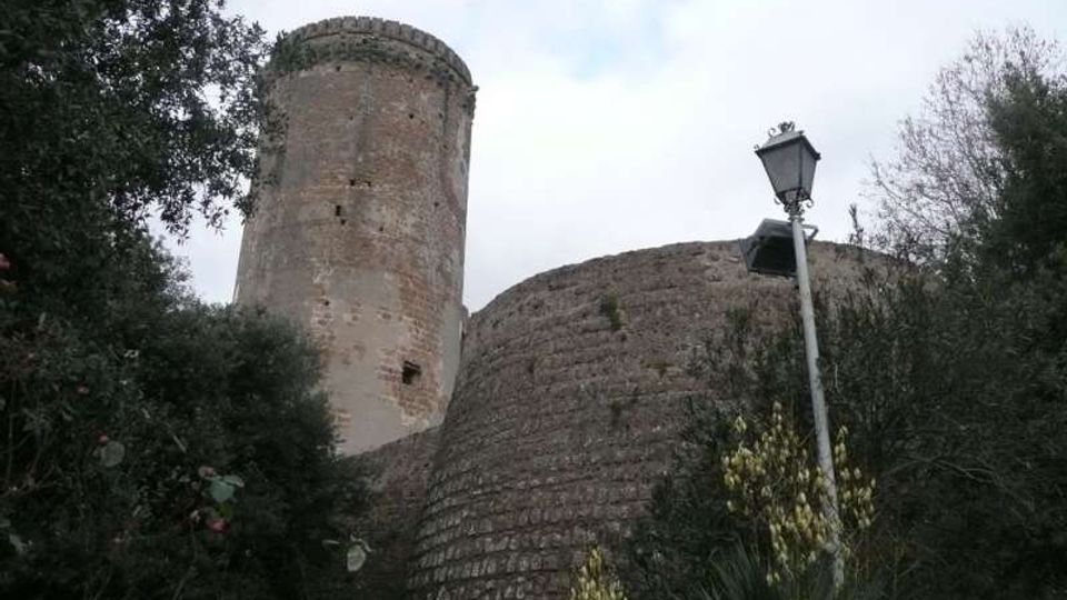 Torre cilindrica in pietra e tratto di mura fortificate in muratura, viste dal basso, circondate da vegetazione. In primo piano si nota un lampione stradale vicino alle mura sotto un cielo nuvoloso.