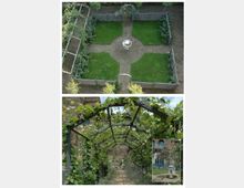 Giardino recintato visto dall’alto, con vialetti a croce che convergono in una piccola fontana centrale e aiuole di prato ai quattro lati. Nella seconda vista, un pergolato coperto di rampicanti forma un tunnel sopra un sentiero che conduce verso un edificio in pietra.