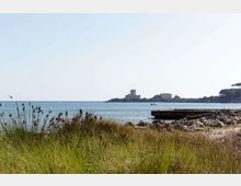 Vista costiera con erba alta in primo piano, una spiaggia di ciottoli e una piccola banchina in cemento sul mare calmo. All’orizzonte si vede un promontorio con edifici, tra cui una torre, e alberi sulla destra.