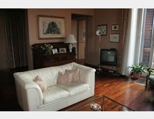 Soggiorno con pavimento in parquet e divano bianco, con cassettiera in legno e quadri alle pareti. A destra una finestra con persiane lascia entrare luce naturale; vicino ci sono un televisore e una pianta in vaso.