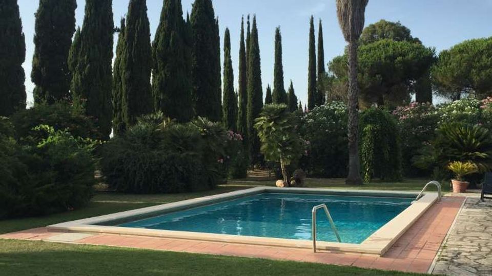 Piscina rettangolare all’aperto con bordo in piastrelle e scaletta metallica, circondata da prato curato e camminamenti. Sullo sfondo un giardino mediterraneo con cipressi alti, una palma e arbusti fioriti sotto un cielo parzialmente nuvoloso.