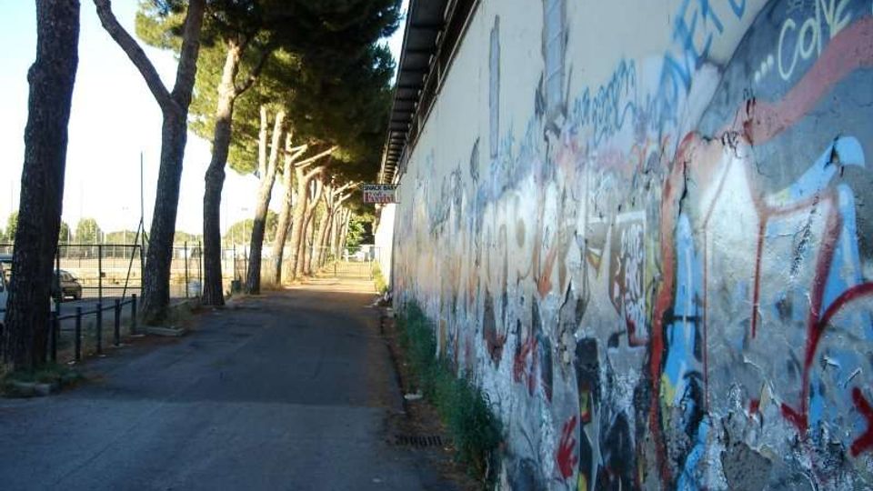 Strada asfaltata con alberi alti su un lato e un lungo muro su l’altro, coperto da graffiti e scritte. L’area appare periferica, con recinzioni e un cartello stradale visibile in lontananza.