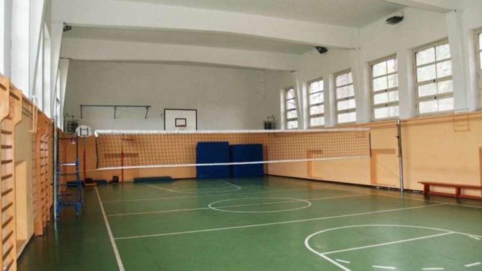 Palestra scolastica indoor con pavimento verde segnato per più sport e rete da pallavolo al centro. Lungo le pareti ci sono alte finestre, spalliere in legno, una panchina e un canestro da basket sul fondo.