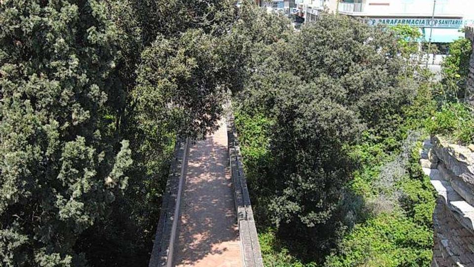 Passerella pedonale stretta in mattoni a spina di pesce con parapetti in muratura, immersa tra alberi e vegetazione e sospesa sopra un’area verde. Sullo sfondo si vedono palazzi residenziali moderni e una strada urbana.