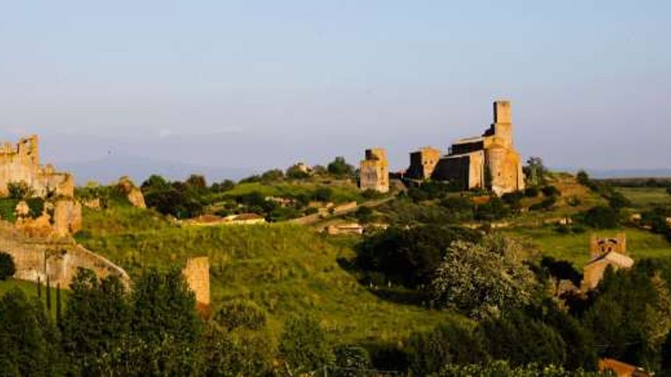 Panorama di una collina verde con resti di un castello e mura in pietra, con una torre cilindrica e altri ruderi distribuiti lungo il crinale. Sullo sfondo si estende la campagna con alberi e campi sotto un cielo limpido.