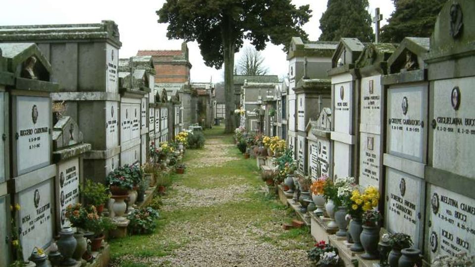 Viale centrale di un cimitero con un sentiero in ghiaia ed erba, fiancheggiato da tombe a loculi in muratura con lapidi e vasi di fiori. Sullo sfondo si vedono alberi alti e altre strutture funerarie lungo il percorso.