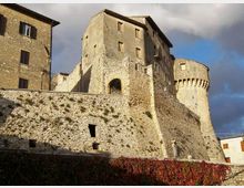 Castello medievale in pietra con alte mura merlate e una torre cilindrica, affiancato da edifici in muratura con finestre e tetti spioventi. In primo piano si vede un pendio con vegetazione e una fascia di rampicanti rossi alla base delle mura, sotto un cielo parzialmente nuvoloso.