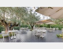 Terrazza ristorante all’aperto con pavimentazione in legno, tavoli e sedie bianchi e grandi ombrelloni. L’area è circondata da ulivi e siepi verdi, con vegetazione integrata tra i posti a sedere.