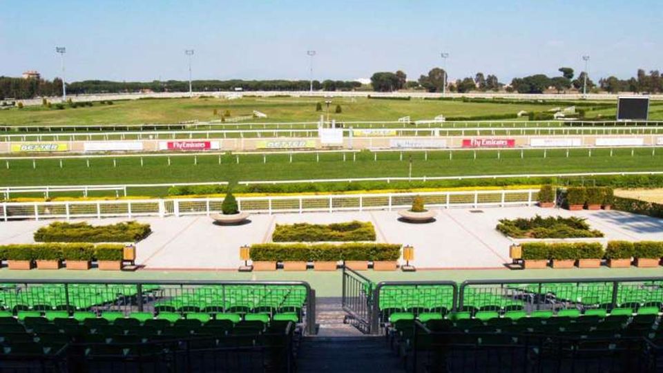 Vista dalle tribune di un ippodromo con file di sedili verdi in primo piano e una scalinata centrale. Sullo sfondo si vedono la pista d’erba con barriere bianche, aiuole geometriche e cartelloni pubblicitari, con alberi e cielo sereno all’orizzonte.