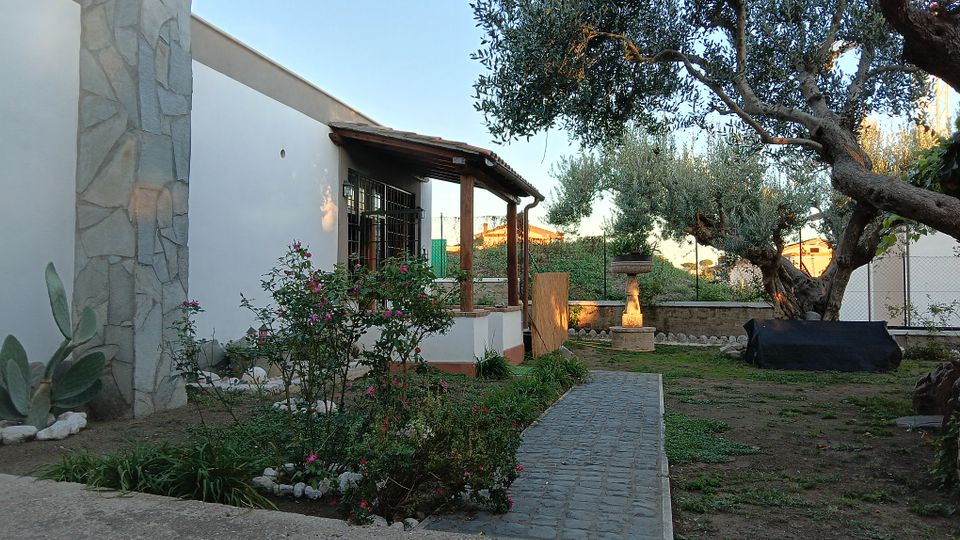 Giardino di una casa con facciata bianca e colonna rivestita in pietra, veranda con tetto in legno e sentiero lastricato che attraversa un’aiuola fiorita. Sullo sfondo si vedono grandi ulivi, un prato con terreno scoperto e una piccola fontana decorativa vicino a una recinzione.