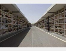 Viale centrale asfaltato di un cimitero, fiancheggiato su entrambi i lati da lunghe strutture a più livelli con loculi e lapidi. Le pareti dei colombari sono decorate con fiori e targhe, con prospettiva che converge verso l’orizzonte sotto un cielo sereno.