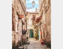 Stretto vicolo acciottolato in un borgo storico, fiancheggiato da alti edifici in pietra con facciate consumate. Sono presenti un lampione sospeso, insegne e tende, vasi e piante sui muri, e in fondo un grande portone ad arco verde.