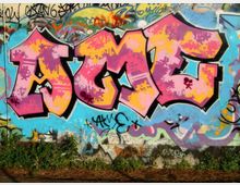 Grande murale di graffiti su un muro urbano, con lettere stilizzate rosa e gialle bordate di nero su sfondo azzurro e tag colorati. Alla base del muro si vedono erba e vegetazione bassa lungo il marciapiede.