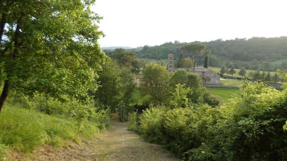 Sentiero sterrato in discesa tra alberi e cespugli, che conduce a una valle verde con campi e colline boscose sullo sfondo. In lontananza si vede una chiesa in pietra con campanile accanto a edifici rurali.