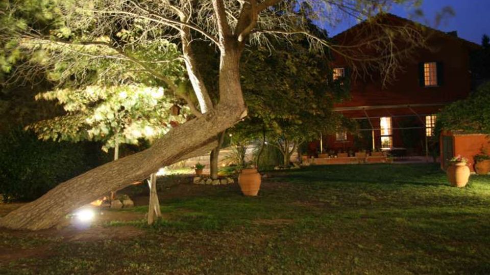 Giardino notturno con prato e alberi illuminati da faretti a terra, con grandi vasi in terracotta sparsi. Sullo sfondo si vede una casa a due piani con finestre illuminate e un portico.