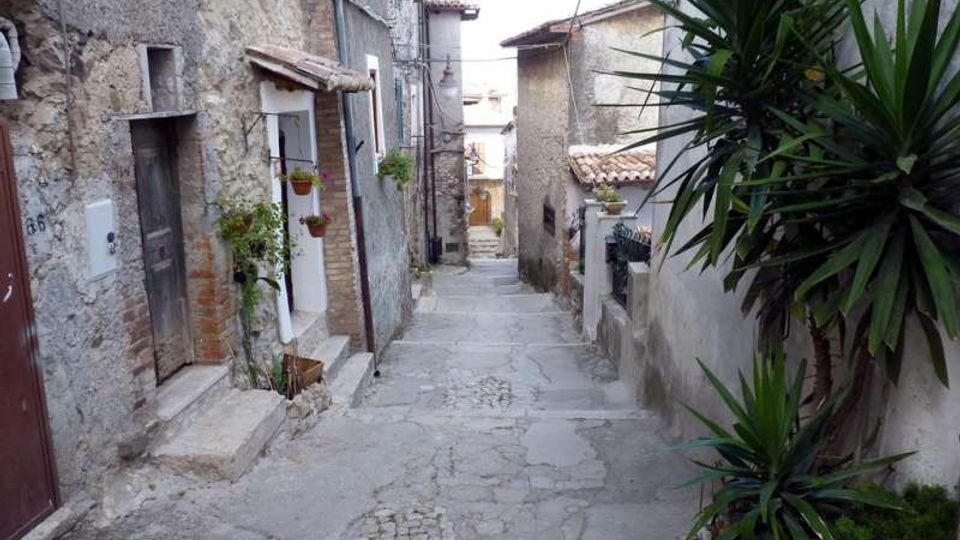 Vicolo stretto e in discesa di un borgo storico, con pavimentazione in pietra e case in muratura grezza addossate ai lati. Si vedono piccole porte e finestre, vasi con piante appesi e grandi piante ornamentali sul lato destro.