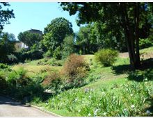 Parco in pendenza con prati, cespugli e aiuole fiorite, circondato da alberi ad alto fusto che creano zone d’ombra. Sullo sfondo si intravedono edifici e un basso muro di contenimento lungo il versante.