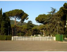 Ampio piazzale asfaltato con una lunga cancellata bianca sullo sfondo, circondato da una fitta area verde con pini ad ombrello e altri alberi alti. Sul lato destro si vede una recinzione verde e alcuni lampioni lungo il perimetro.