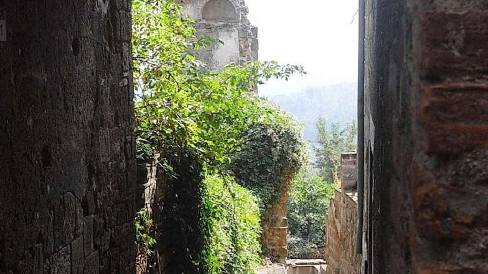 Passaggio in pietra sotto un arco, con pavimentazione acciottolata e muri in mattoni. Oltre l’arco si vede un sentiero con vegetazione rampicante e una torre in rovina sullo sfondo, con colline lontane.