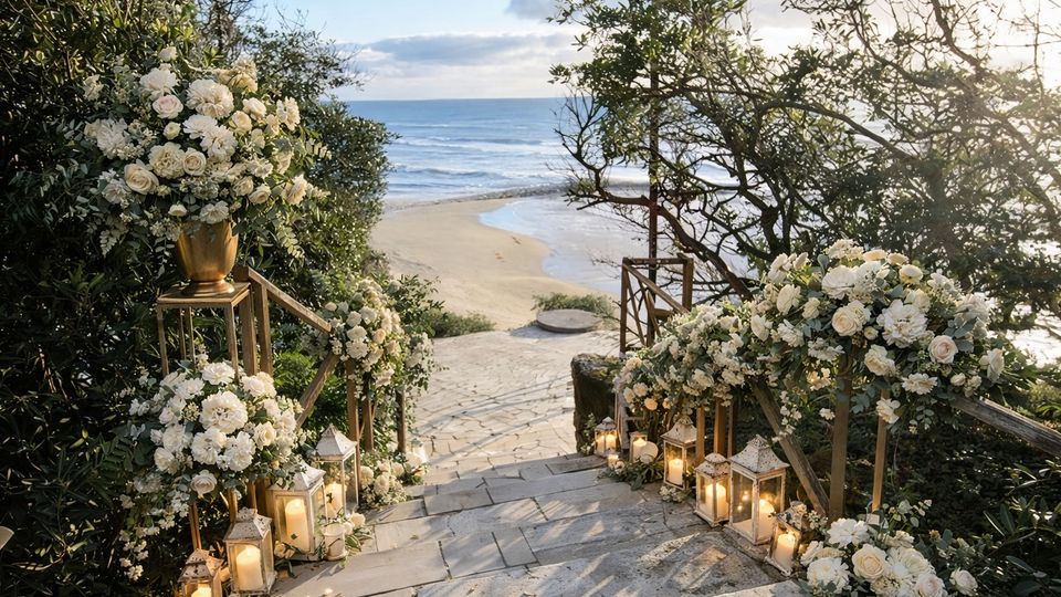 Scalinata in pietra che scende attraverso vegetazione costiera verso una spiaggia sabbiosa e il mare, con ringhiere in legno ai lati. Lungo i gradini sono disposte lanterne con candele e grandi composizioni floreali bianche su supporti dorati e a terra.