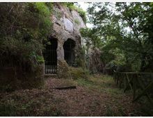 Ingresso scavato nella roccia lungo un sentiero boschivo, con due aperture ad arco chiuse da cancelli in ferro. Vegetazione fitta e alberi circondano l’area, con una staccionata in legno sul lato destro del percorso.