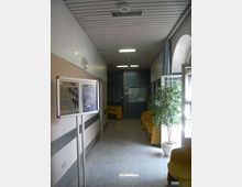 Corridoio interno con pavimento in moquette e soffitto a pannelli illuminato da luci al neon, con sedute gialle lungo la parete destra. A sinistra c’è una bacheca su supporto e in fondo una porta; sulla destra si vedono una grande finestra ad arco e una pianta in vaso.