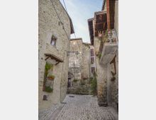 Vicolo stretto in pietra con pavimentazione in ciottoli in un borgo storico, circondato da edifici in muratura con balconi, piccole finestre e gronde in legno. Sono visibili ringhiere, vasi con piante e una lampada a muro lungo la salita.