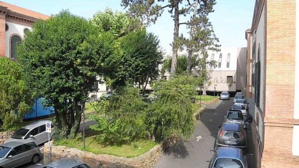 Cortile urbano con aiuola rialzata in pietra e alberi alti, affiancato da una strada asfaltata a senso unico con auto parcheggiate lungo un edificio in mattoni. Sullo sfondo si vedono altri edifici e vegetazione.