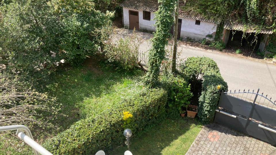 Vista dall’alto di un giardino privato con prato, siepi potate e tavolino con sedie vicino a un vialetto pavimentato e a un cancello metallico. Sullo sfondo si vede una strada e piccoli edifici rurali con tetto in tegole, circondati da alberi e vegetazione fitta.