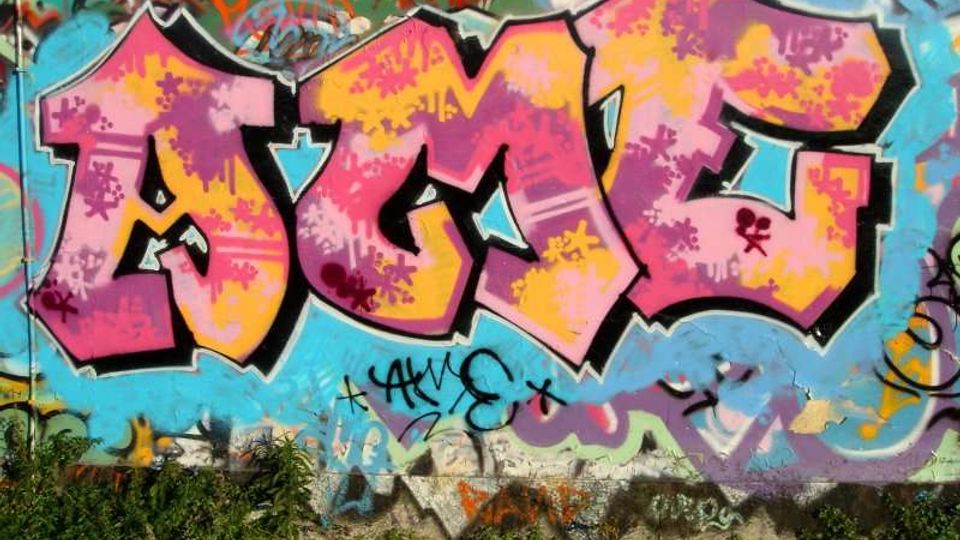 Grande murale di graffiti su un muro urbano, con lettere stilizzate rosa e gialle bordate di nero su sfondo azzurro e tag colorati. Alla base del muro si vedono erba e vegetazione bassa lungo il marciapiede.
