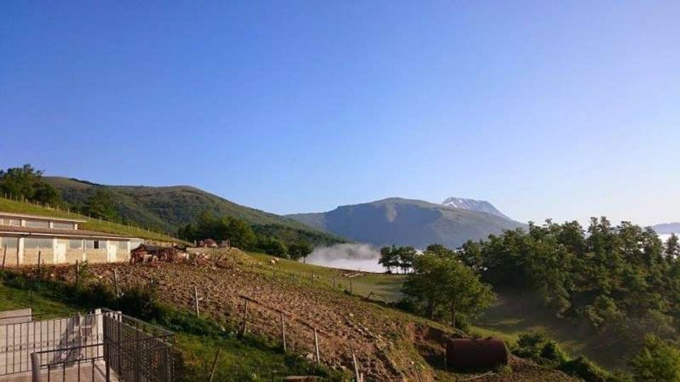 Paesaggio collinare rurale con campi coltivati in pendenza, recinzioni e alcuni edifici agricoli sulla sinistra. Sullo sfondo si vedono montagne e una valle con banchi di nebbia tra alberi e bosco sotto un cielo limpido.