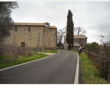 Strada asfaltata di campagna che curva tra edifici in pietra con tetti in coppi, simili a un complesso rurale o antico. Lungo la strada si vedono recinzioni, vegetazione e un alto cipresso, con alberi spogli sullo sfondo sotto cielo nuvoloso.