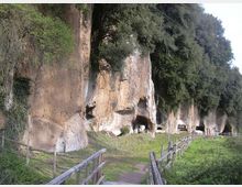 Sentiero erboso con staccionate in legno che conduce a una parete rocciosa tufacea, punteggiata da piccole cavità e aperture simili a grotte. In alto la scarpata è coperta da alberi e vegetazione, con prato ai piedi della roccia.